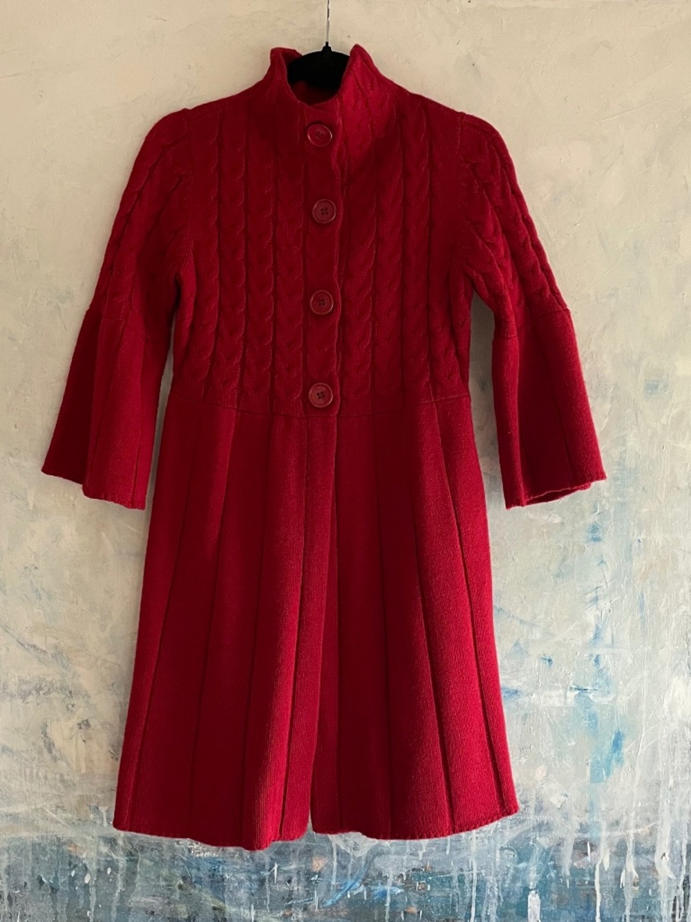 The Limited Red Cable-Knit Midi Sweater Coat Funnel Neck Bell Sleeve- Size Small